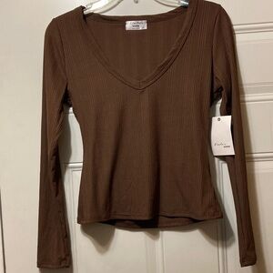 Brown V-Neck Ribbed Women's Top S NWT